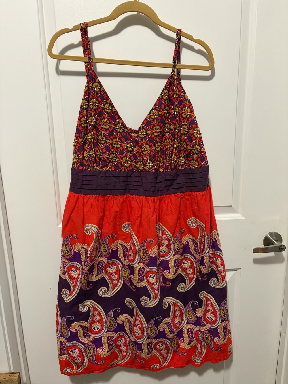 Freestyle Red and Purple Paisley Print V-Neck Mini Dress